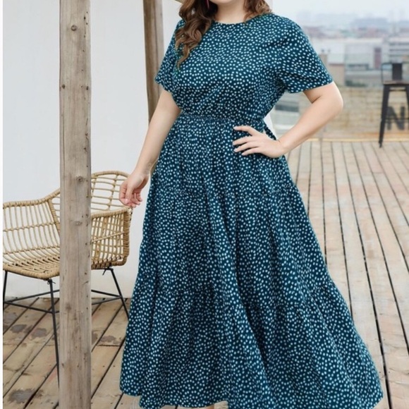 Plus Size Floral Print Teal Blue Ruffle Dress - Picture 5 of 5